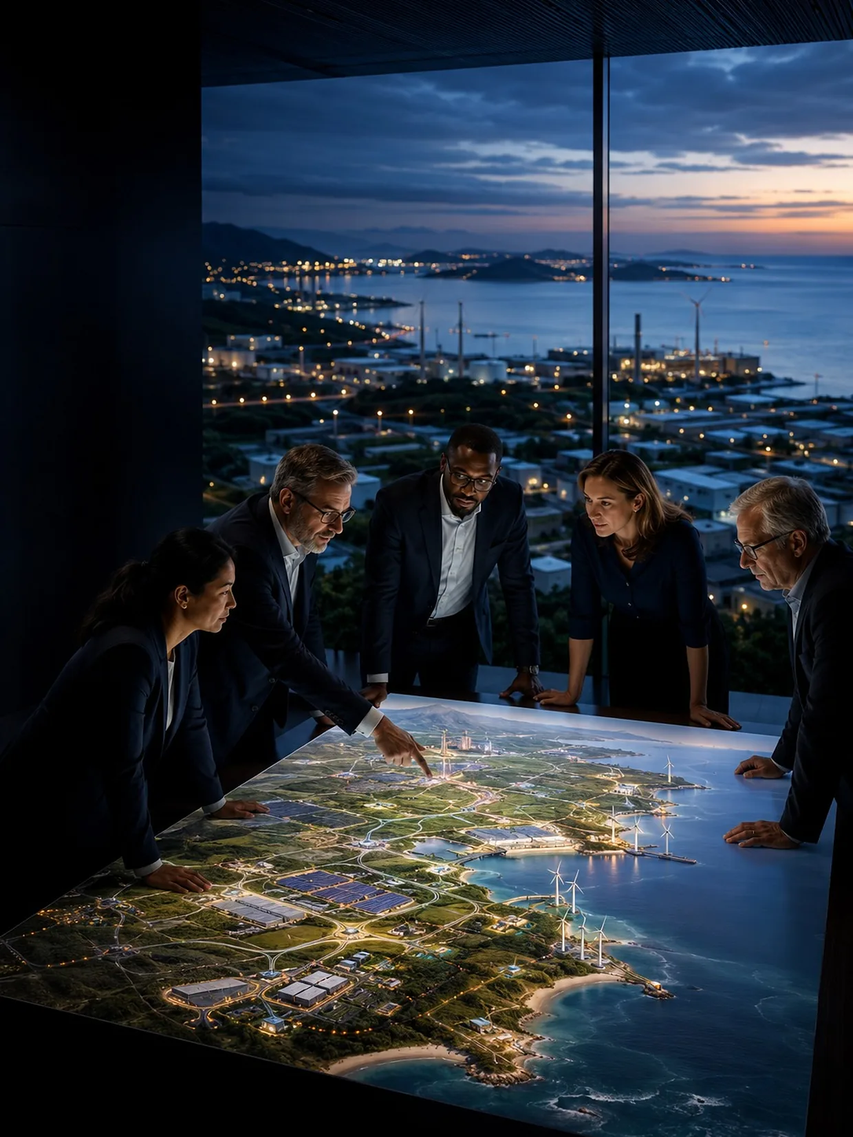 Five NASG advisors around an illuminated regional masterplan table at dusk, a working coastline visible through the window.