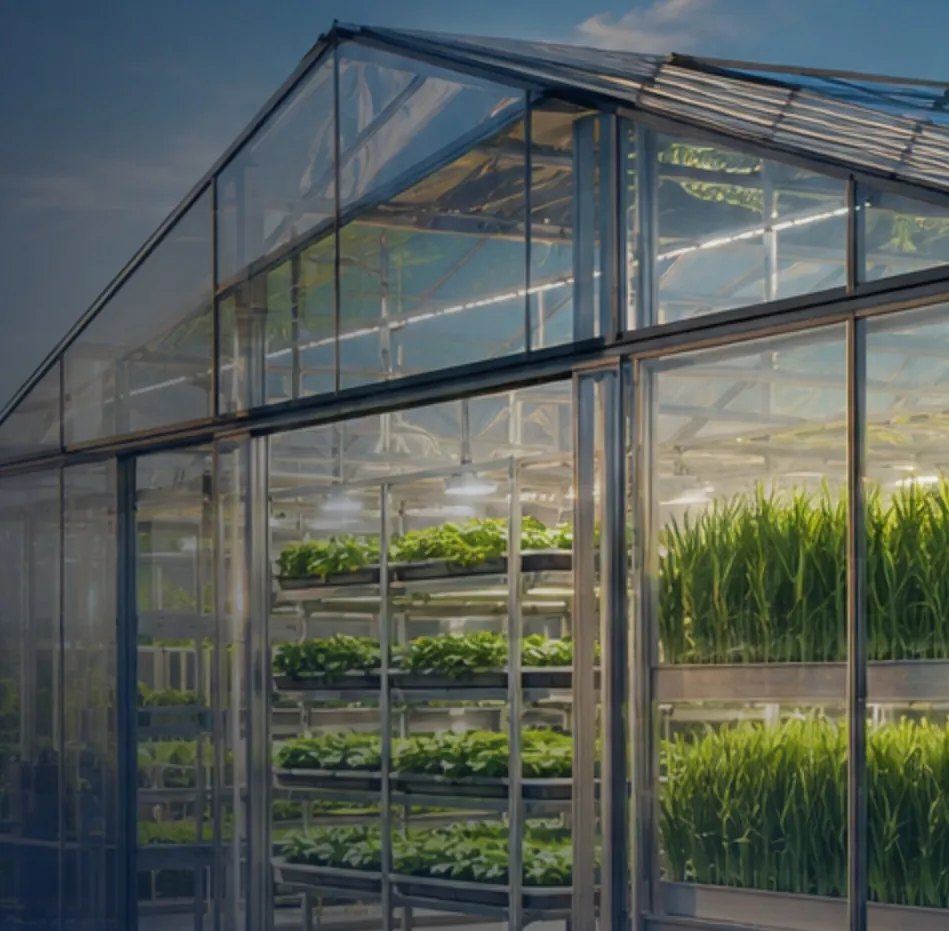 A controlled-environment greenhouse with stacked growing racks illuminated at dusk.