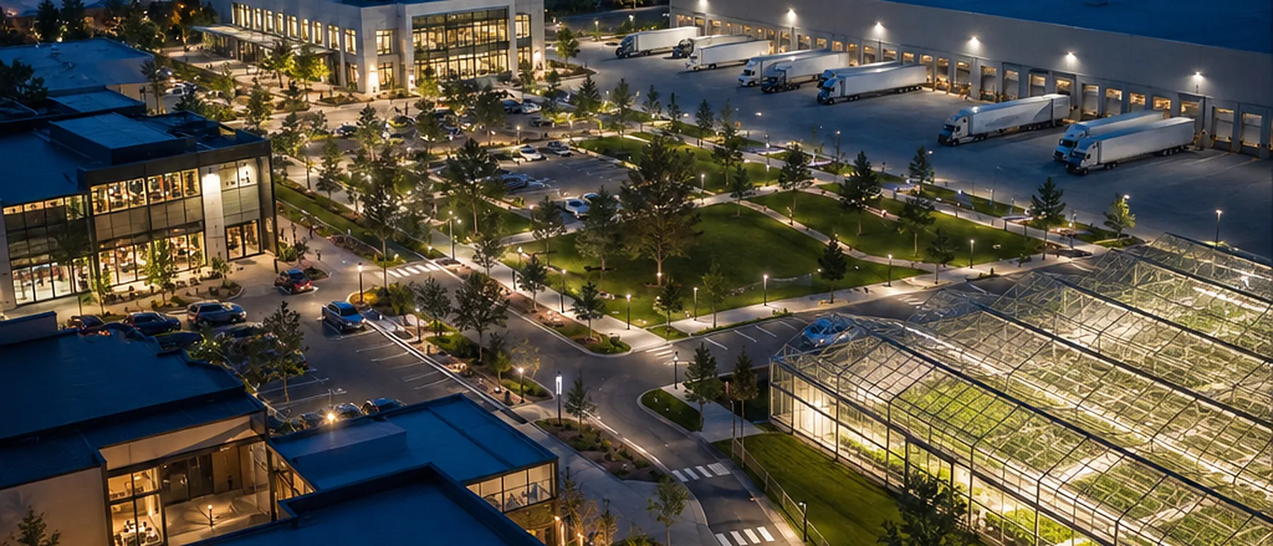 An aerial view at dusk of an integrated program site combining greenhouses, logistics buildings and lit public space.
