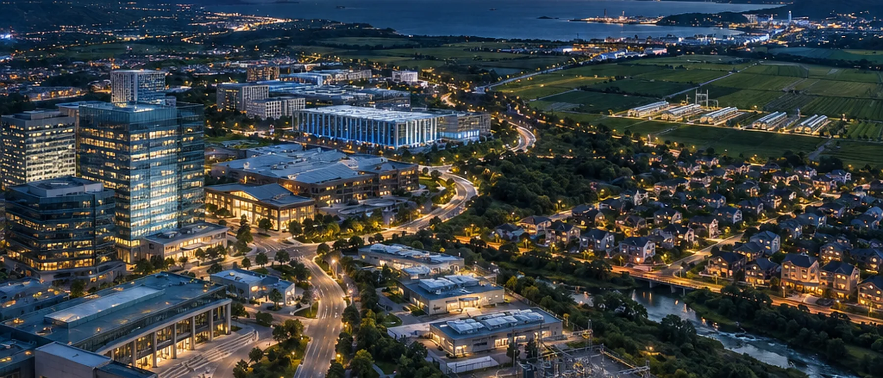 A coastal region at dusk with an industrial and agricultural corridor lit along the shoreline.