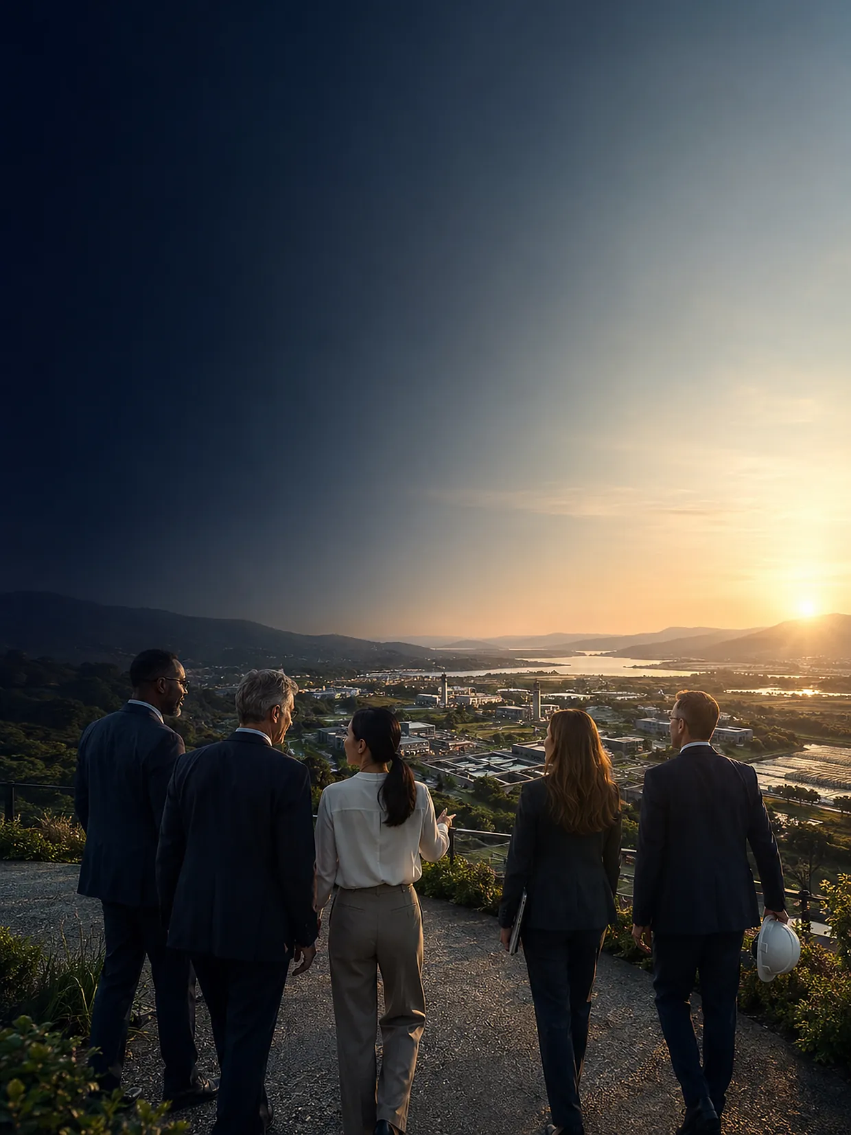 Five colleagues walking a hillside path at sunrise, looking out over a valley and its infrastructure corridor.
