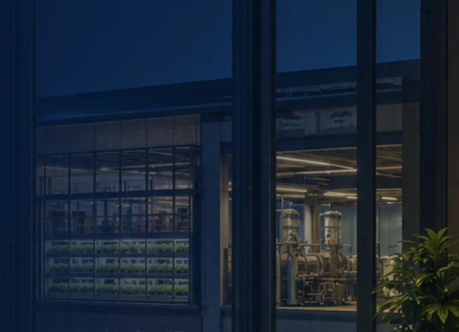 An operations facility lit from within at night, seen through the building's glass facade.