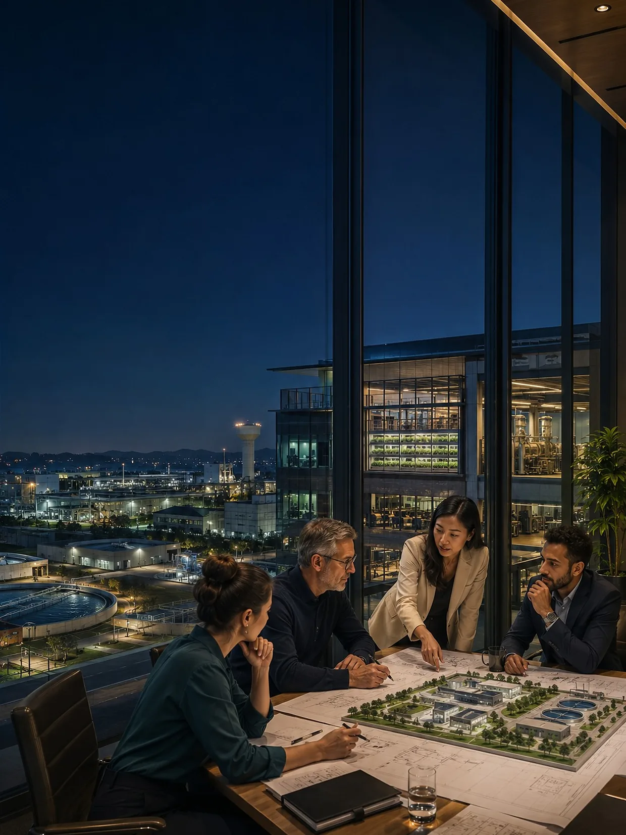 Four NASG advisors reviewing a lit site model in a glass studio at night, a campus glowing beyond the window.