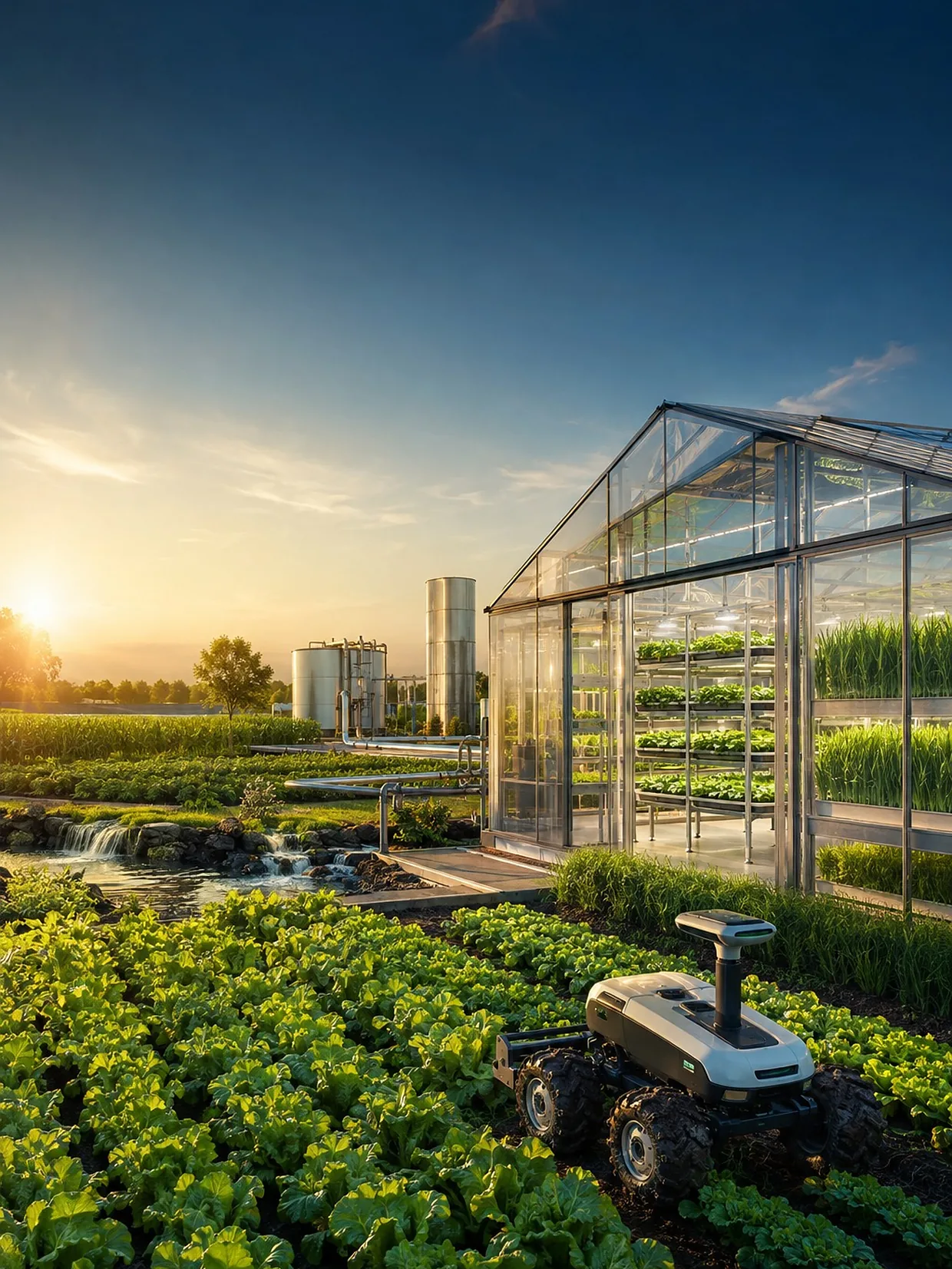 An autonomous field robot working a lettuce crop at sunrise beside a greenhouse of stacked growing racks.