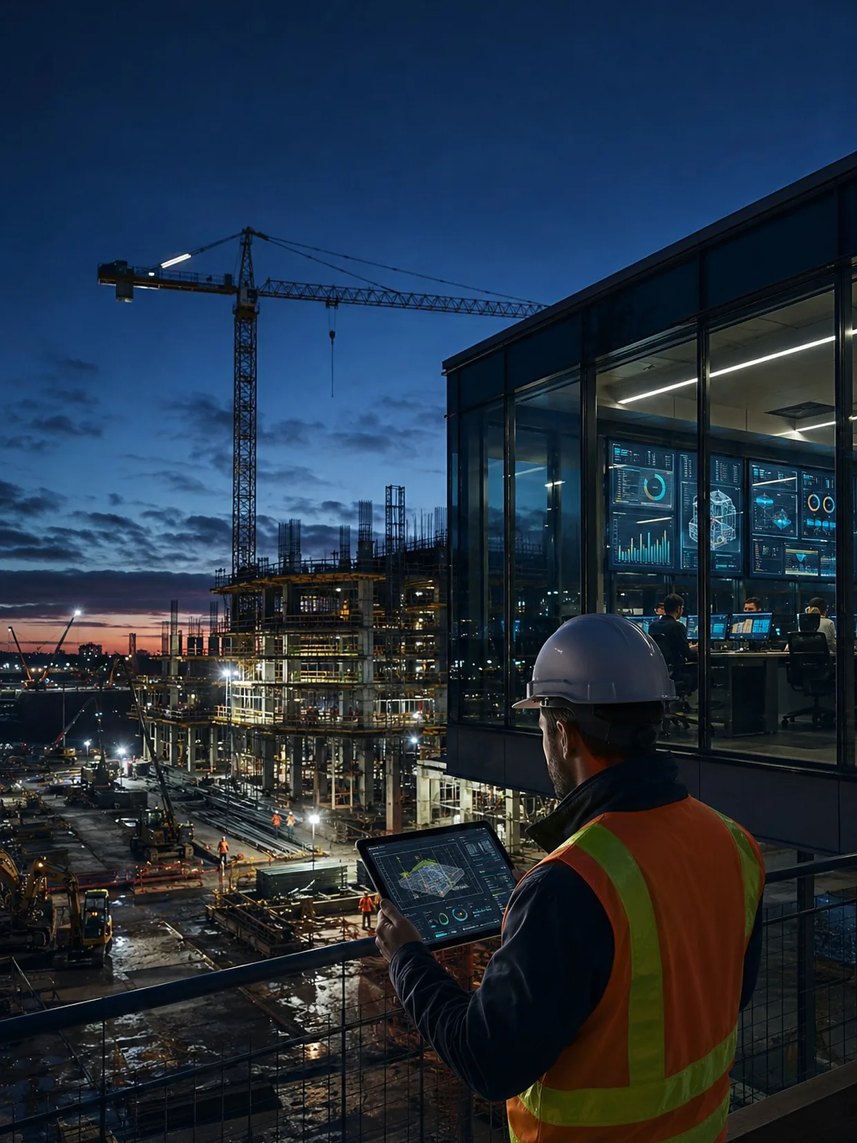 A site engineer in high-visibility gear reading a tablet, with a tower crane and live project dashboards behind.