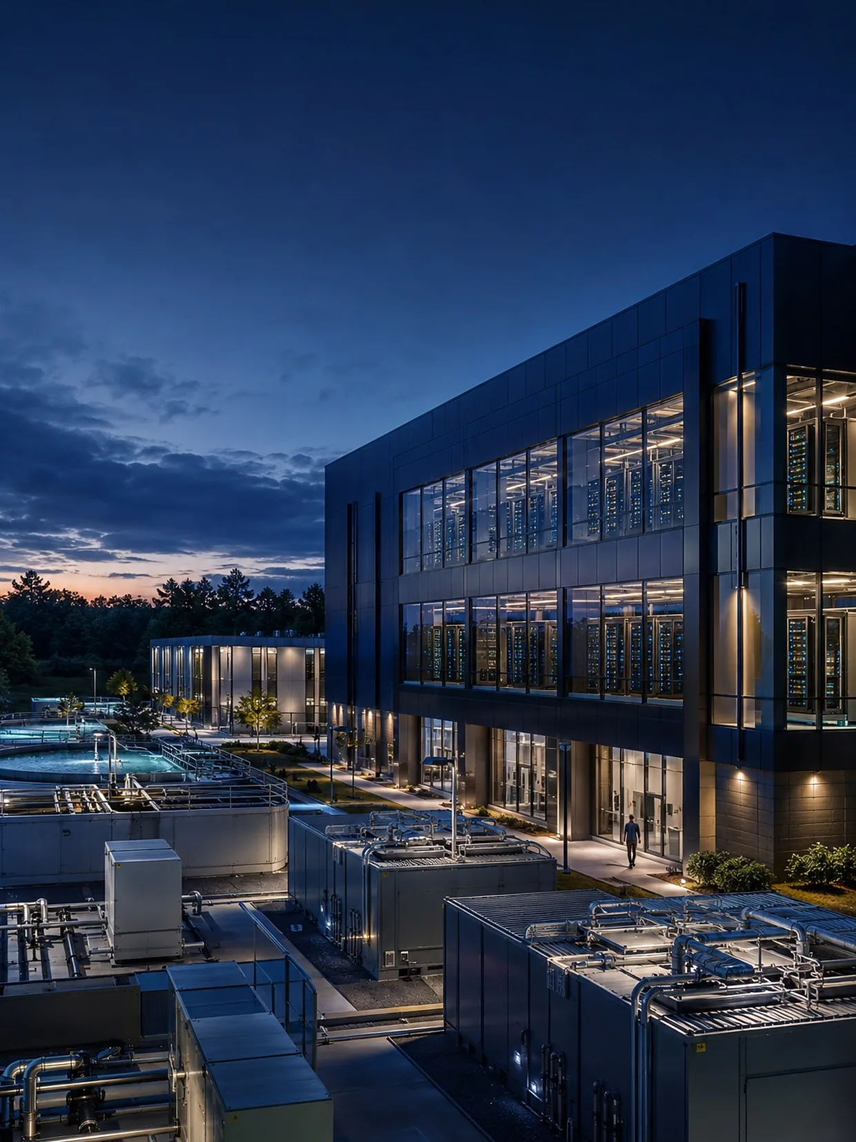 A data centre at blue hour, server halls lit behind the glazing and cooling plant on the roof below.