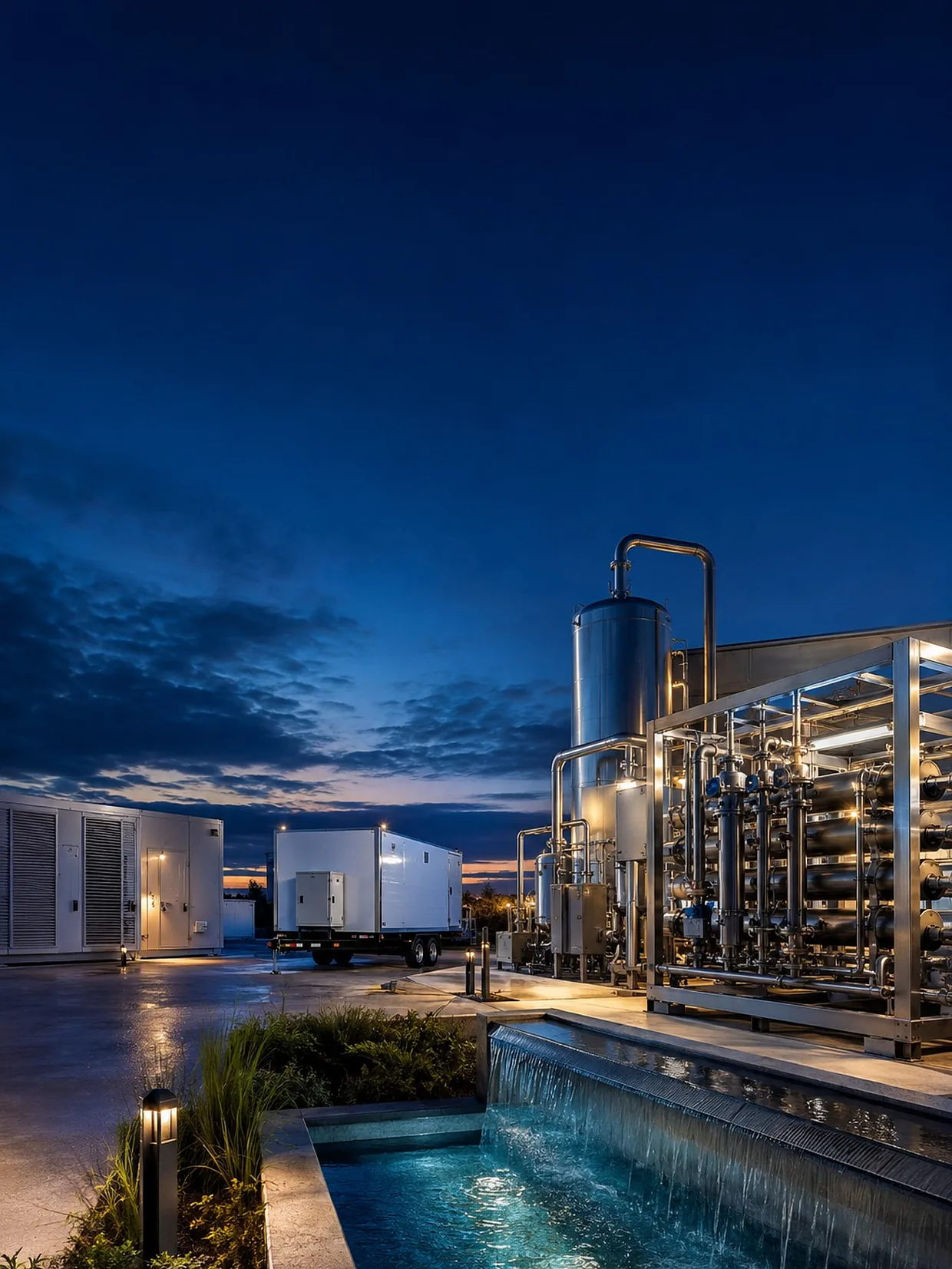 A containerised generation and thermal-recovery plant at blue hour, with process skids and holding basin.
