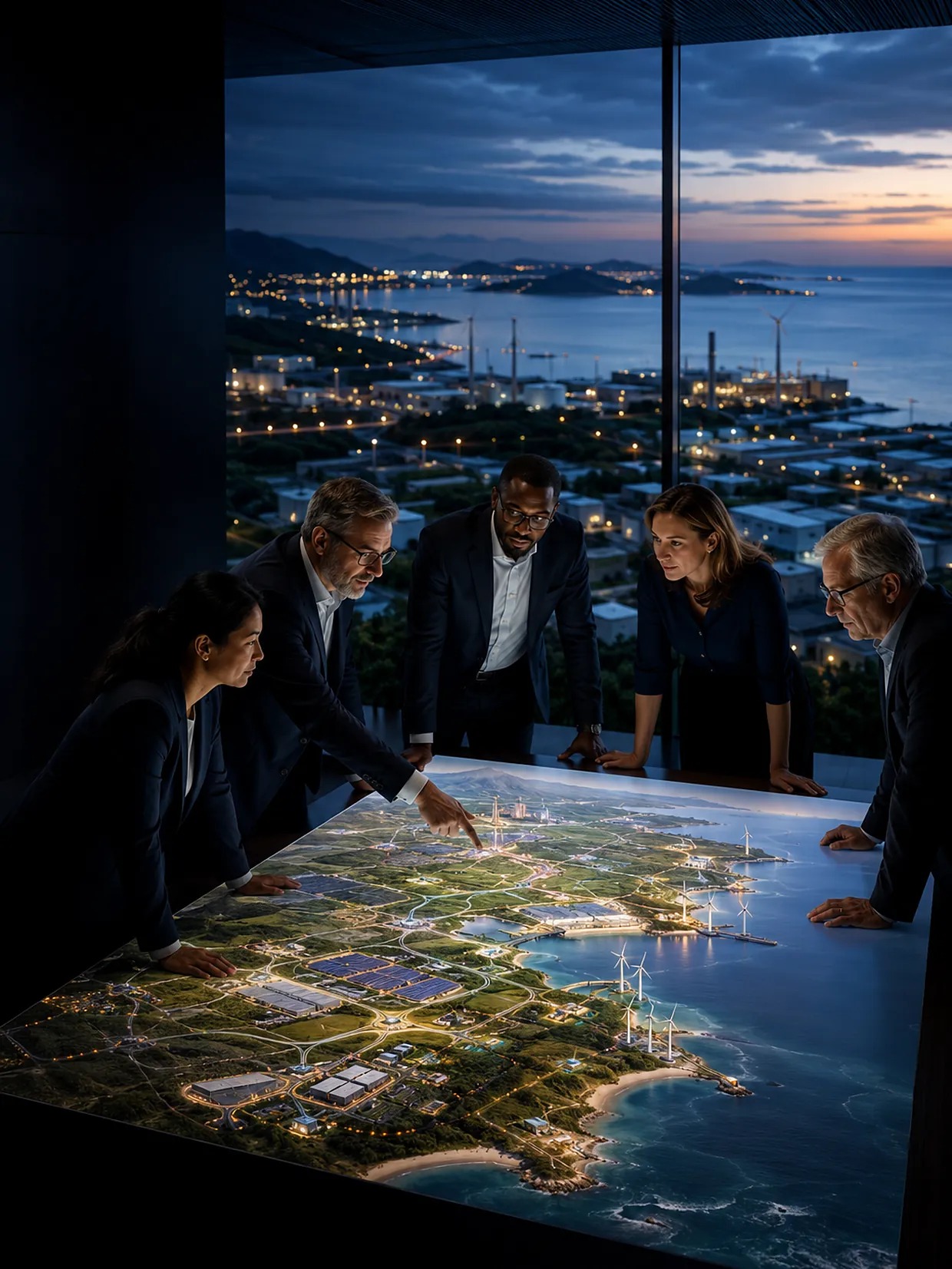 A NASG team gathered around an illuminated site model, planning a coastal infrastructure program at night.