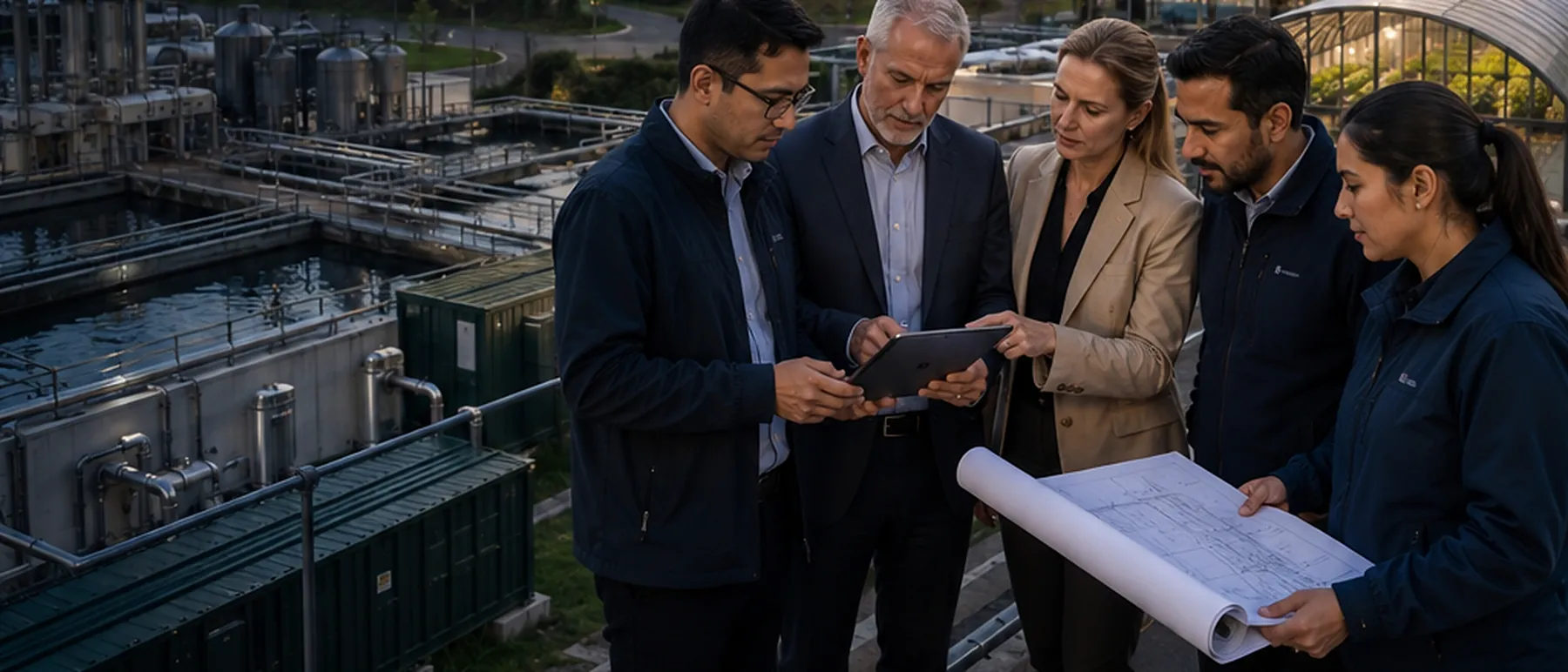 Five colleagues reviewing drawings and a tablet together outside a lit processing facility at sunset.
